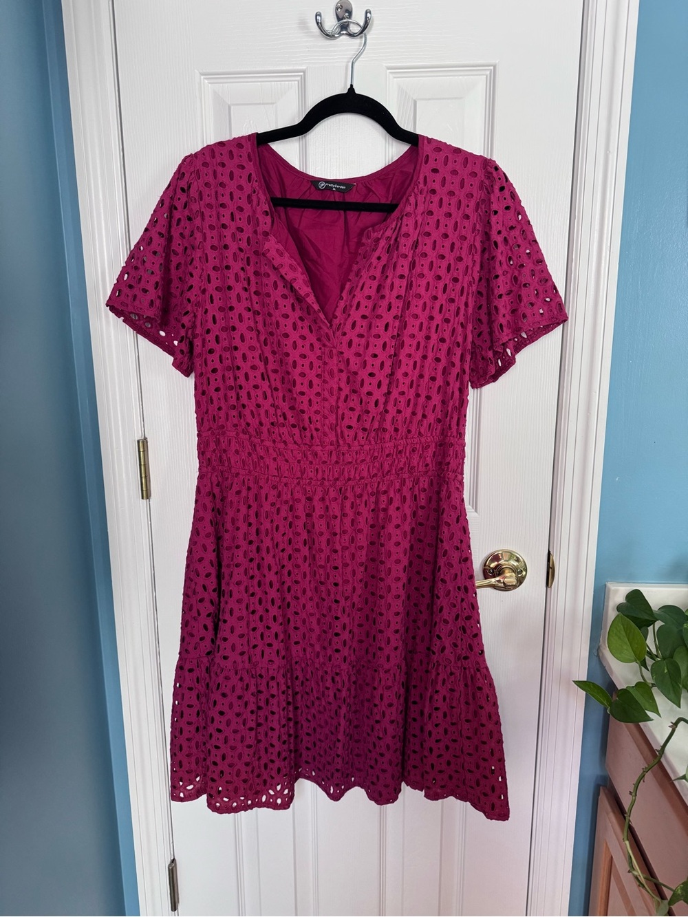 Eyelet V-Neck Short Sleeve Mini Dress in Magenta